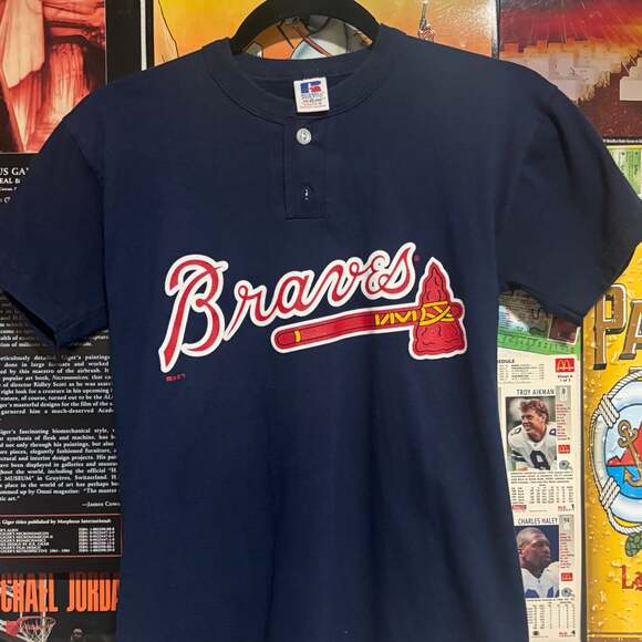 Vintage Atlanta Braves Shirt Small Blue Short Sleeve Russell - Picture 1 of 6